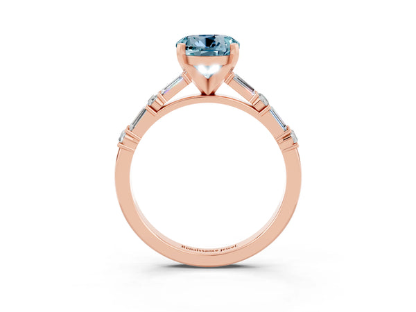 Rose gold Round Cut Aquamarine Solitaire with Side Baguettes and Channel Set Band