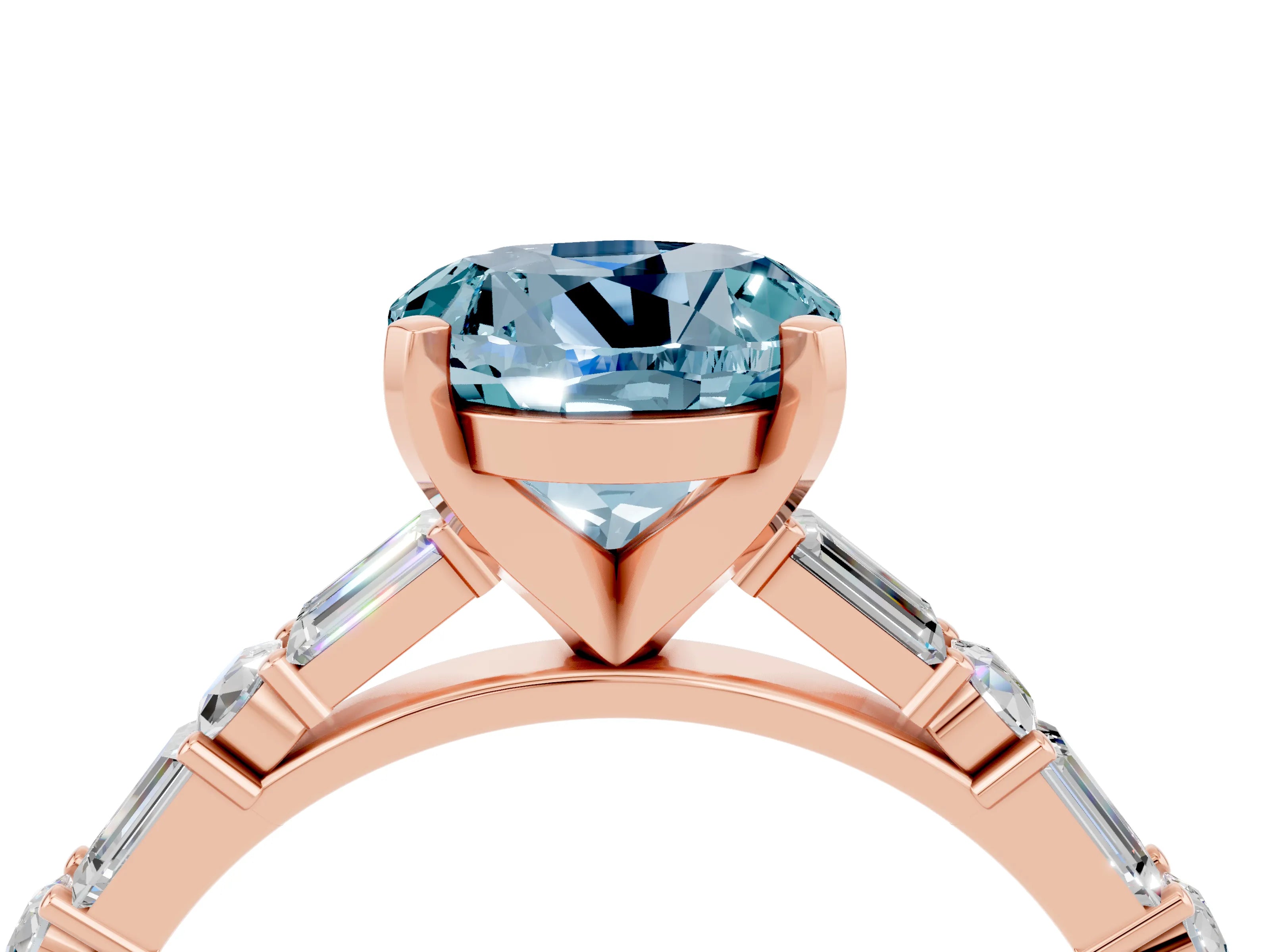 Rose gold Round Cut Aquamarine Solitaire with Side Baguettes and Channel Set Band_4
