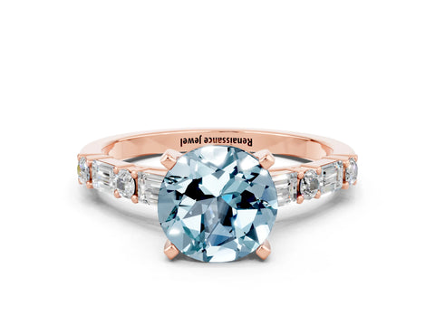 Rose gold Round Cut Aquamarine Solitaire with Side Baguettes and Channel Set Band