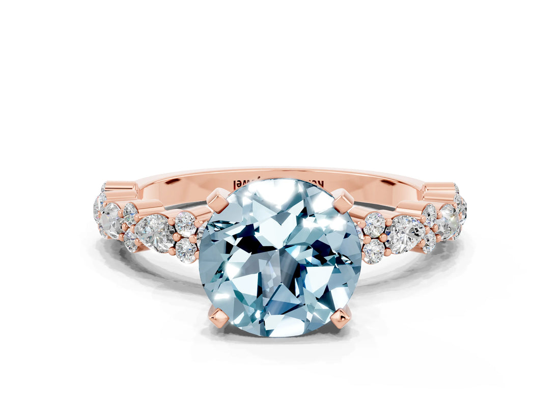 Rose gold Round Cut Aquamarine Solitaire with Side Stones, Pave Band, Four-Prong Setting_36