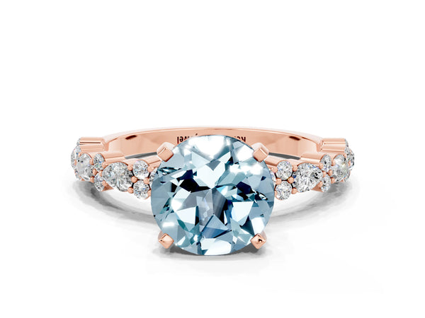 Rose gold Round Cut Aquamarine Side Stone Solitaire Ring with Round  and Four-Prong Setting