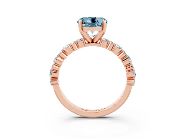 Rose gold Round Cut Aquamarine Side Stone Solitaire Ring with Round  and Four-Prong Setting