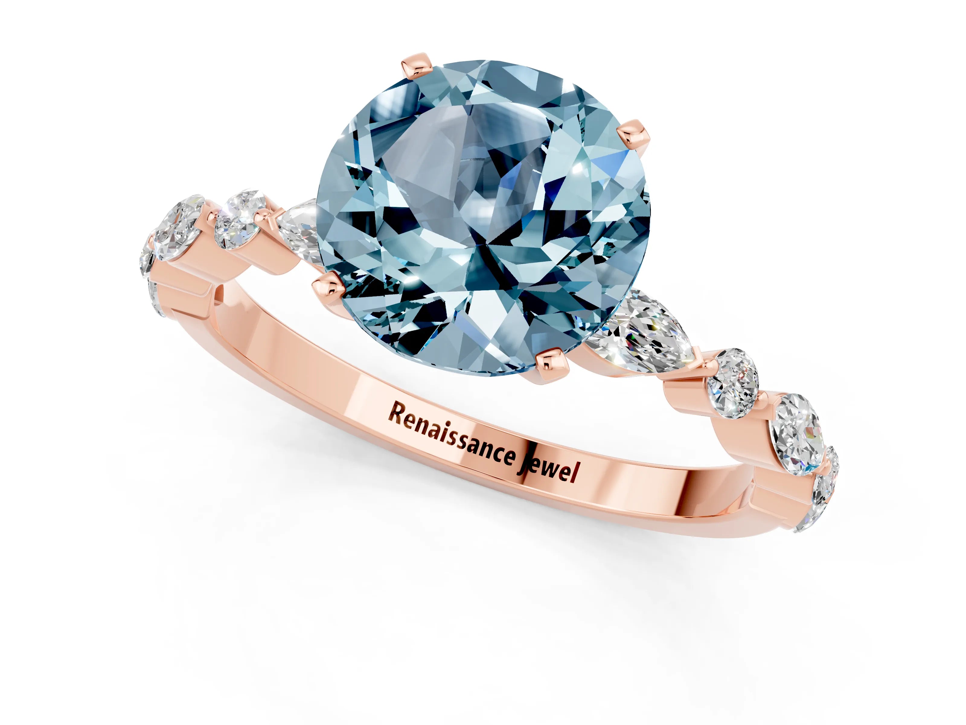 Rose gold Round Cut Aquamarine Solitaire with Side Stones on a Pavé Band and Four-Prong Setting_1