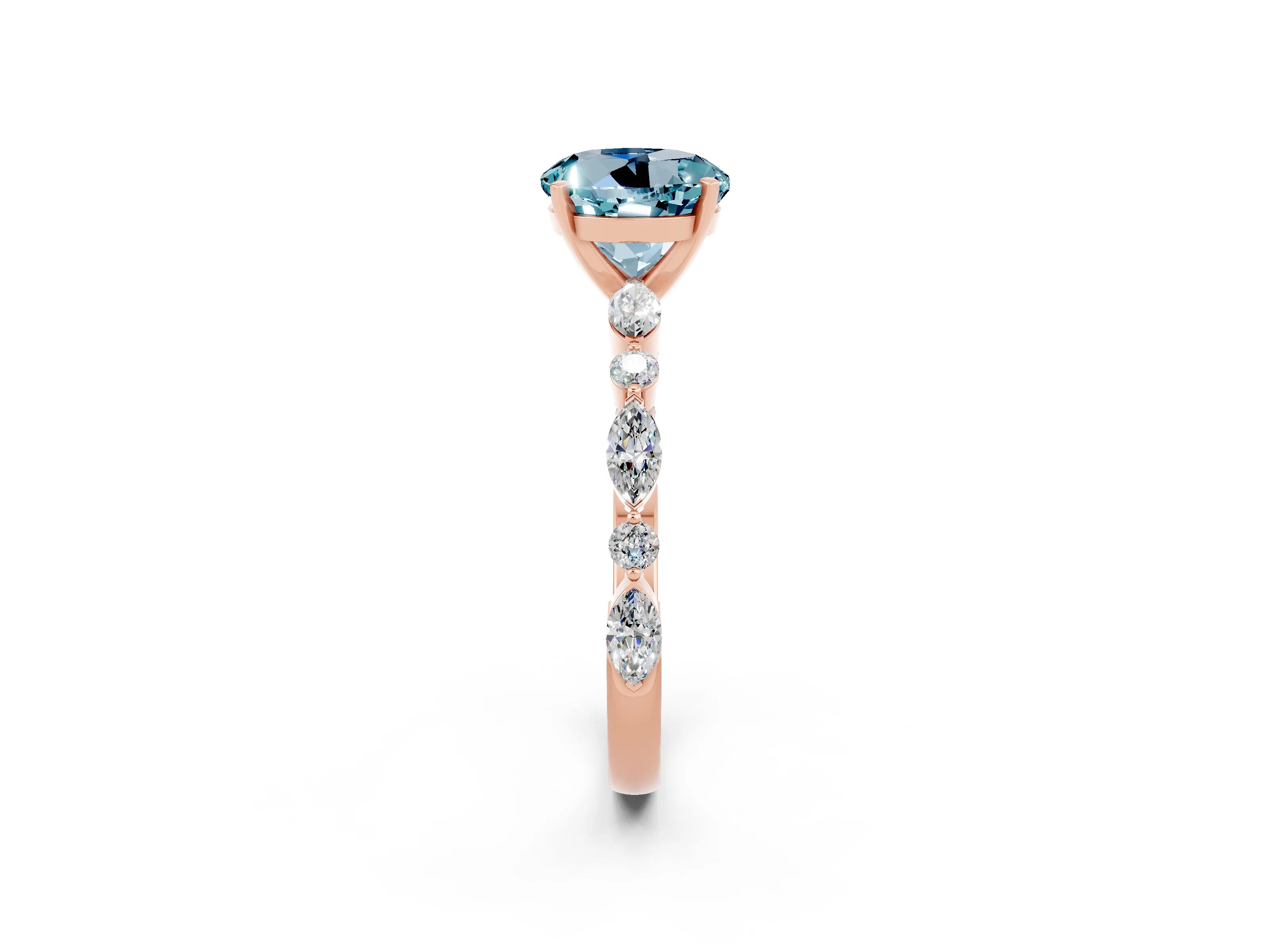 Rose gold Round Cut Aquamarine Solitaire with Side Stones on a Pavé Band and Four-Prong Setting_2