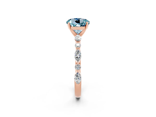Rose gold Round Cut Aquamarine Ring with Marquise and Round  Side Stones and Four-Prong Setting