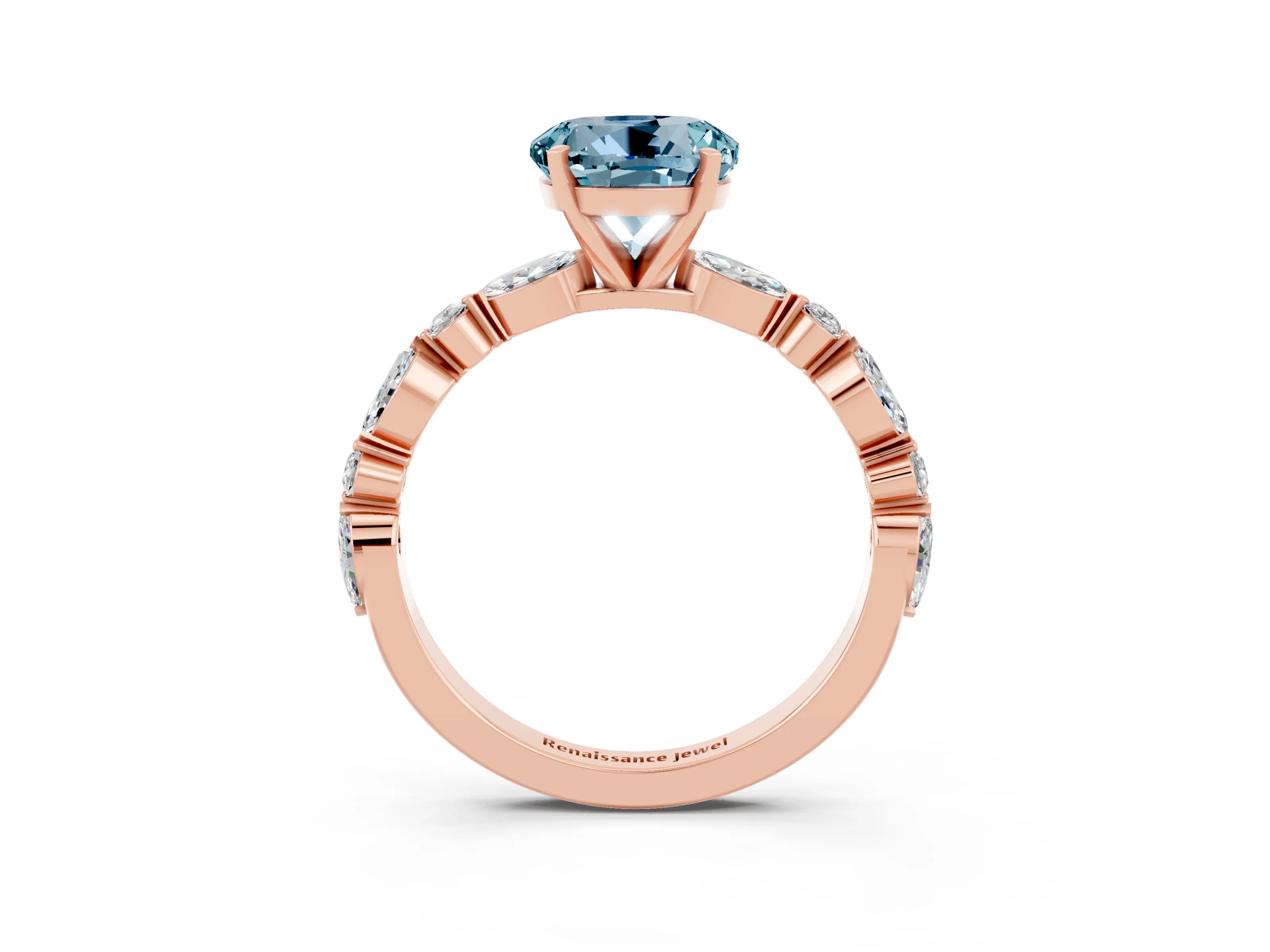 Rose gold Round Cut Aquamarine Solitaire with Side Stones on a Pavé Band and Four-Prong Setting_3