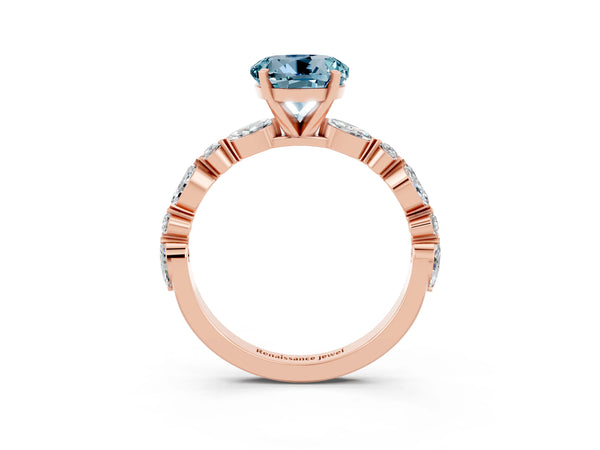 Rose gold Round Cut Aquamarine Ring with Marquise and Round  Side Stones and Four-Prong Setting