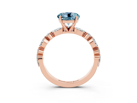 Rose gold Round Cut Aquamarine Solitaire with Side Stones on a Pavé Band and Four-Prong Setting_3