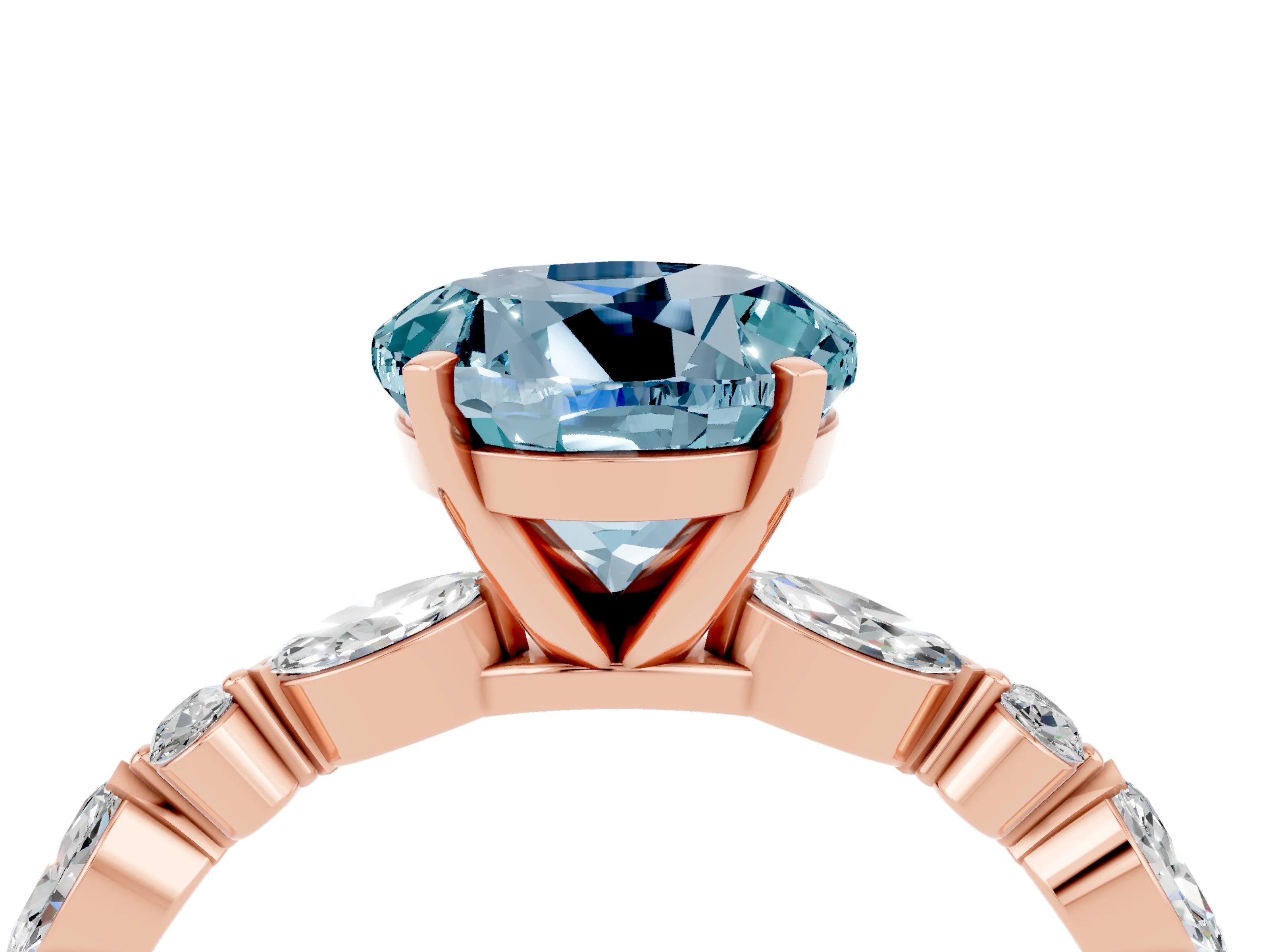 Rose gold Round Cut Aquamarine Solitaire with Side Stones on a Pavé Band and Four-Prong Setting_4
