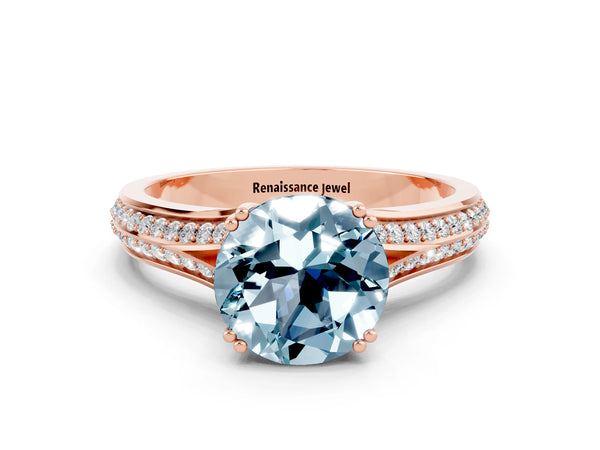 Rose gold Round Cut Aquamarine Split Shank Engagement Ring with Pavé Band