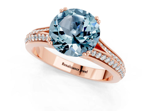 Rose gold Round Cut Aquamarine Split Shank Engagement Ring with Pavé Band_1