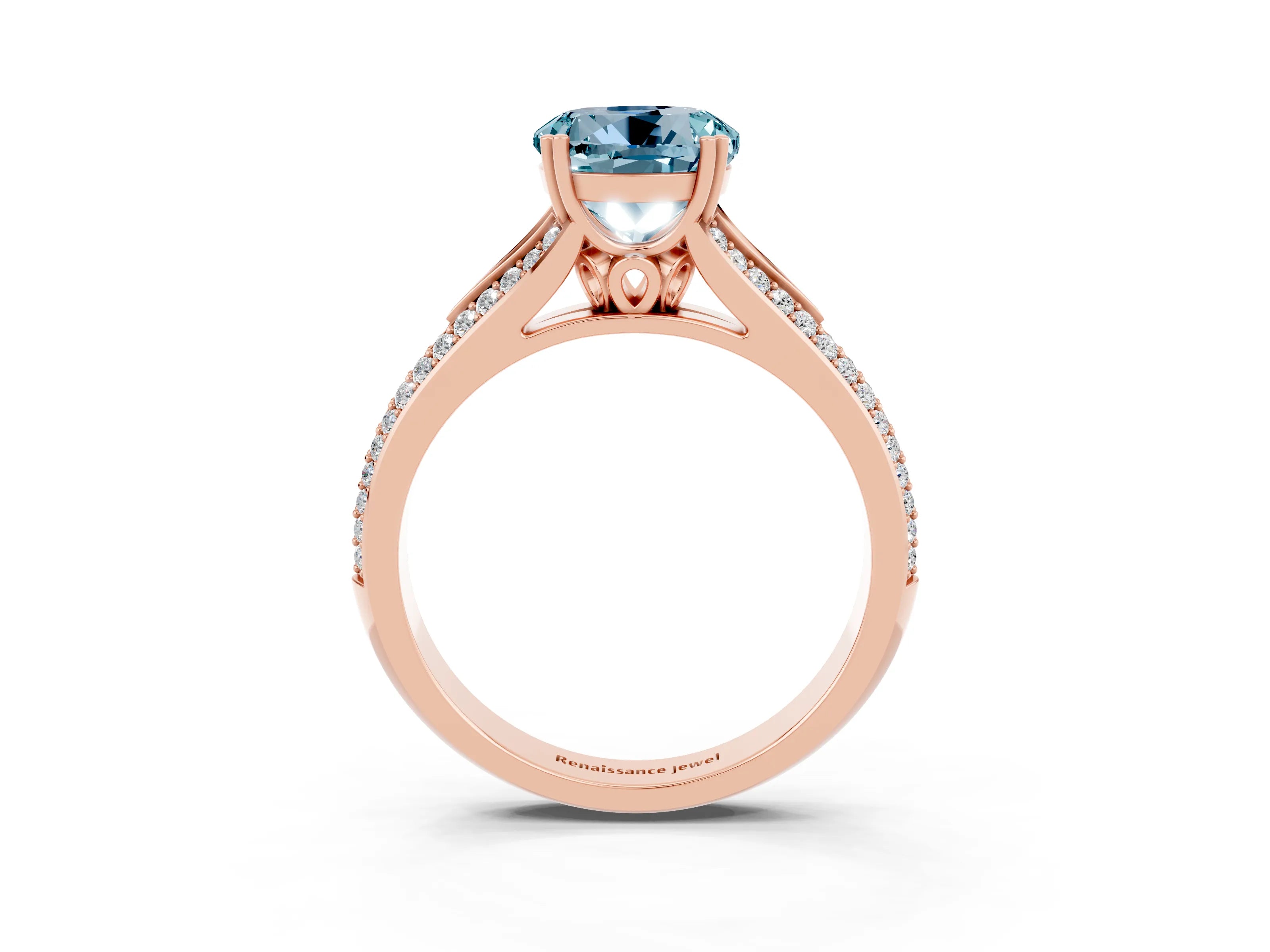 Rose gold Round Cut Aquamarine Split Shank Engagement Ring with Pavé Band_3