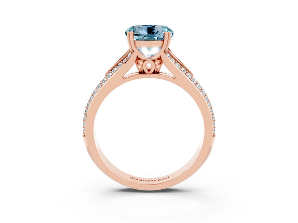 Rose gold Round Cut Aquamarine Split Shank Engagement Ring with Pavé Band