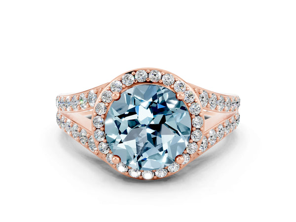Rose gold Round Cut Aquamarine Split Shank Halo Ring with Four-Prong Setting