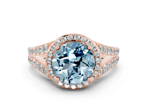 Rose gold Round Cut Aquamarine Split Shank Halo Ring with Four-Prong Setting_12