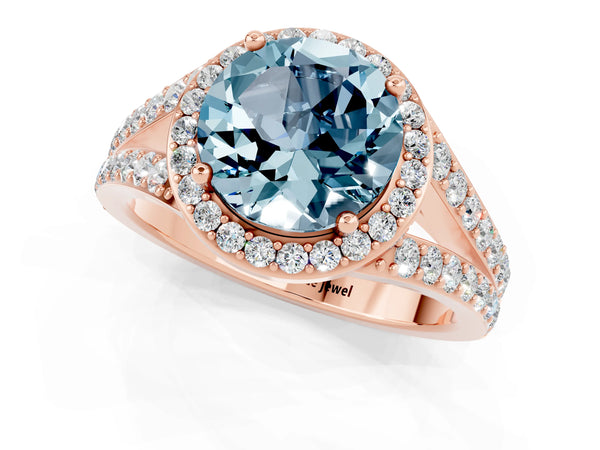 Rose gold Round Cut Aquamarine Split Shank Halo Ring with Four-Prong Setting