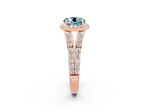 Rose gold Round Cut Aquamarine Split Shank Halo Ring with Four-Prong Setting