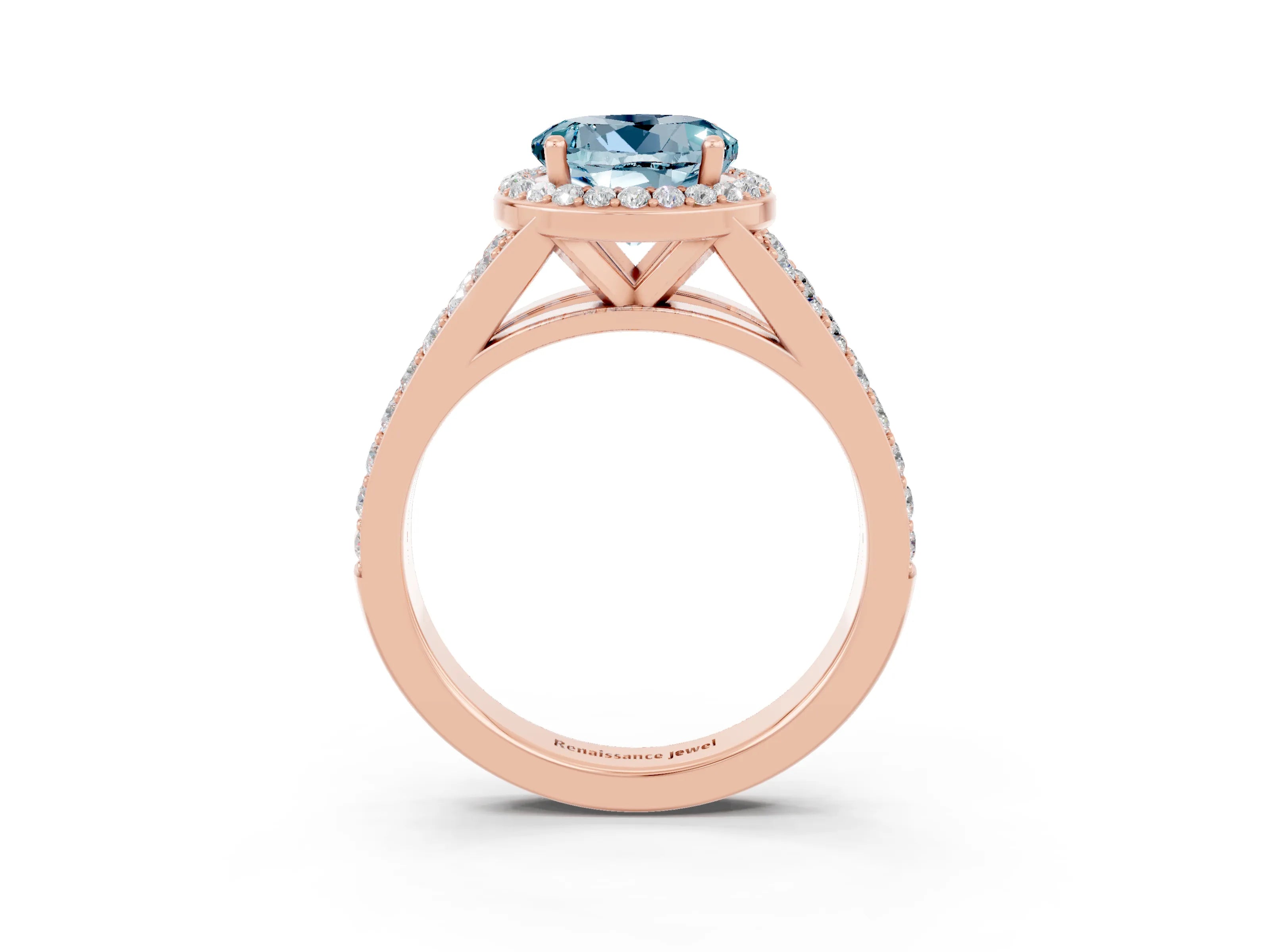 Rose gold Round Cut Aquamarine Split Shank Halo Ring with Four-Prong Setting_15