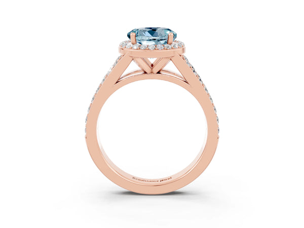 Rose gold Round Cut Aquamarine Split Shank Halo Ring with Four-Prong Setting