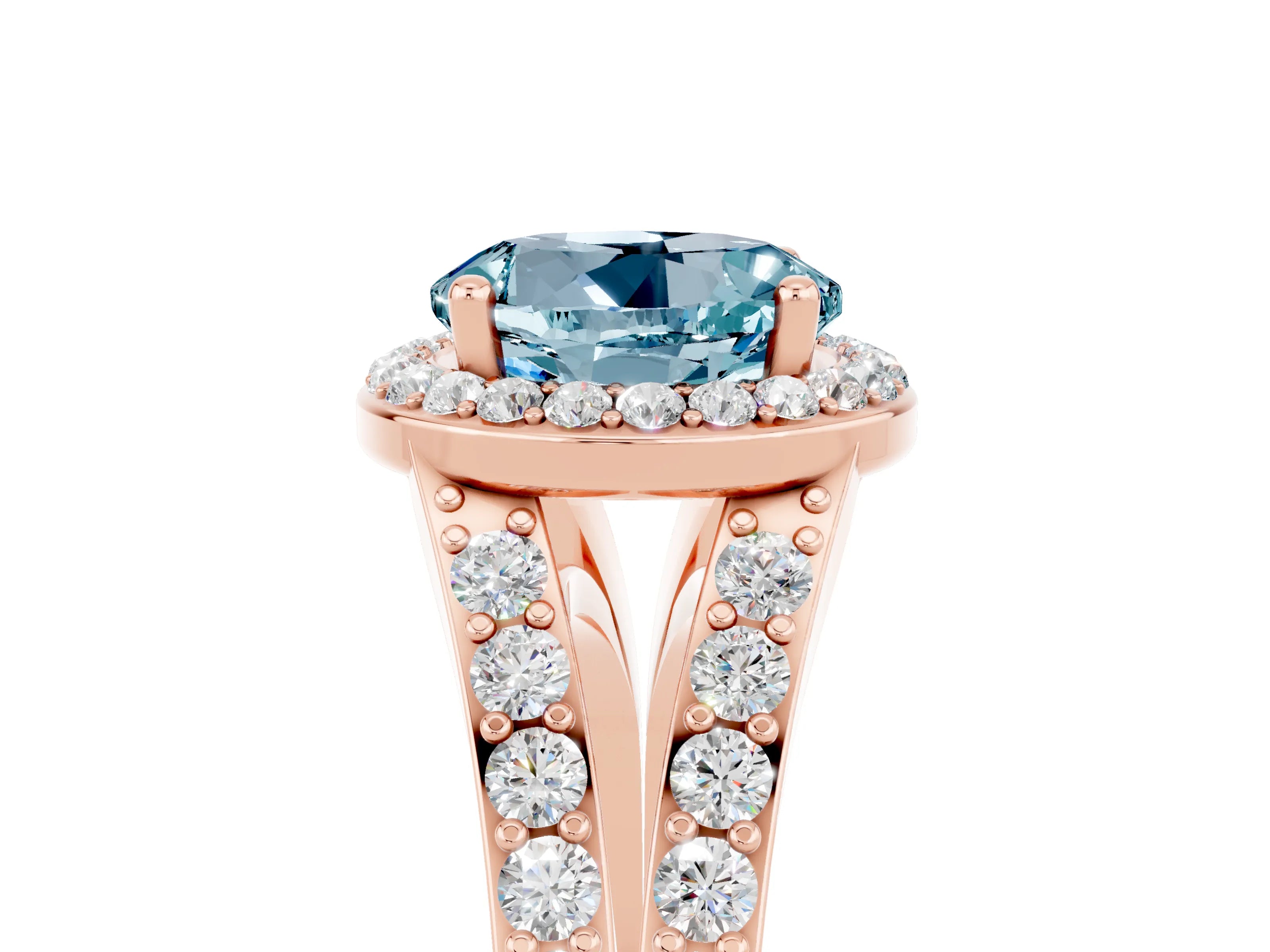 Rose gold Round Cut Aquamarine Split Shank Halo Ring with Four-Prong Setting_17