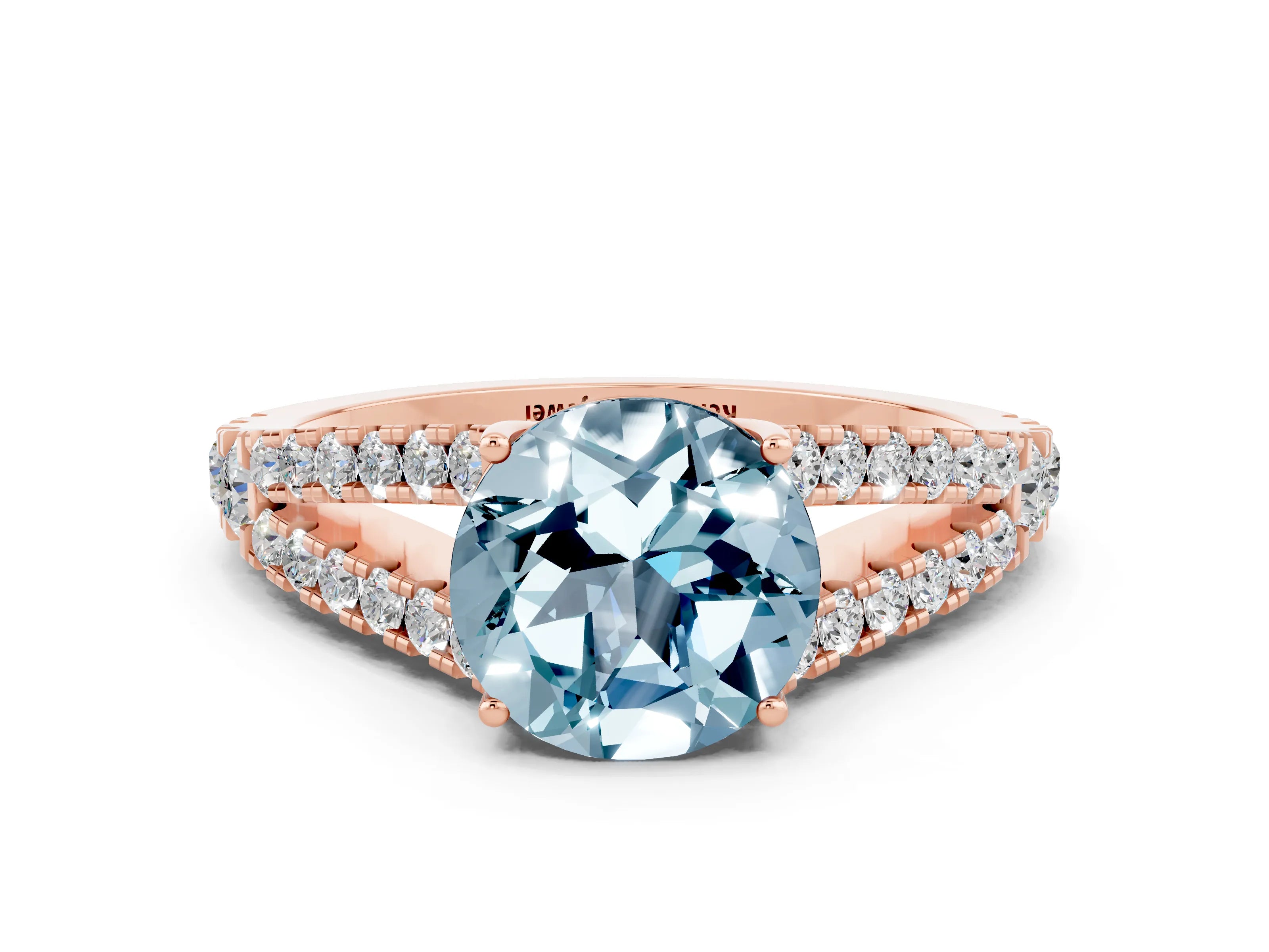 Rose gold Round Cut Aquamarine Split Shank Pavé Engagement Ring with Four-Prong Setting_12
