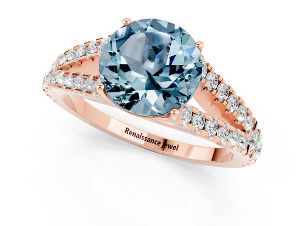 Rose gold Round Cut Aquamarine Split Shank Pavé Engagement Ring with Four-Prong Setting