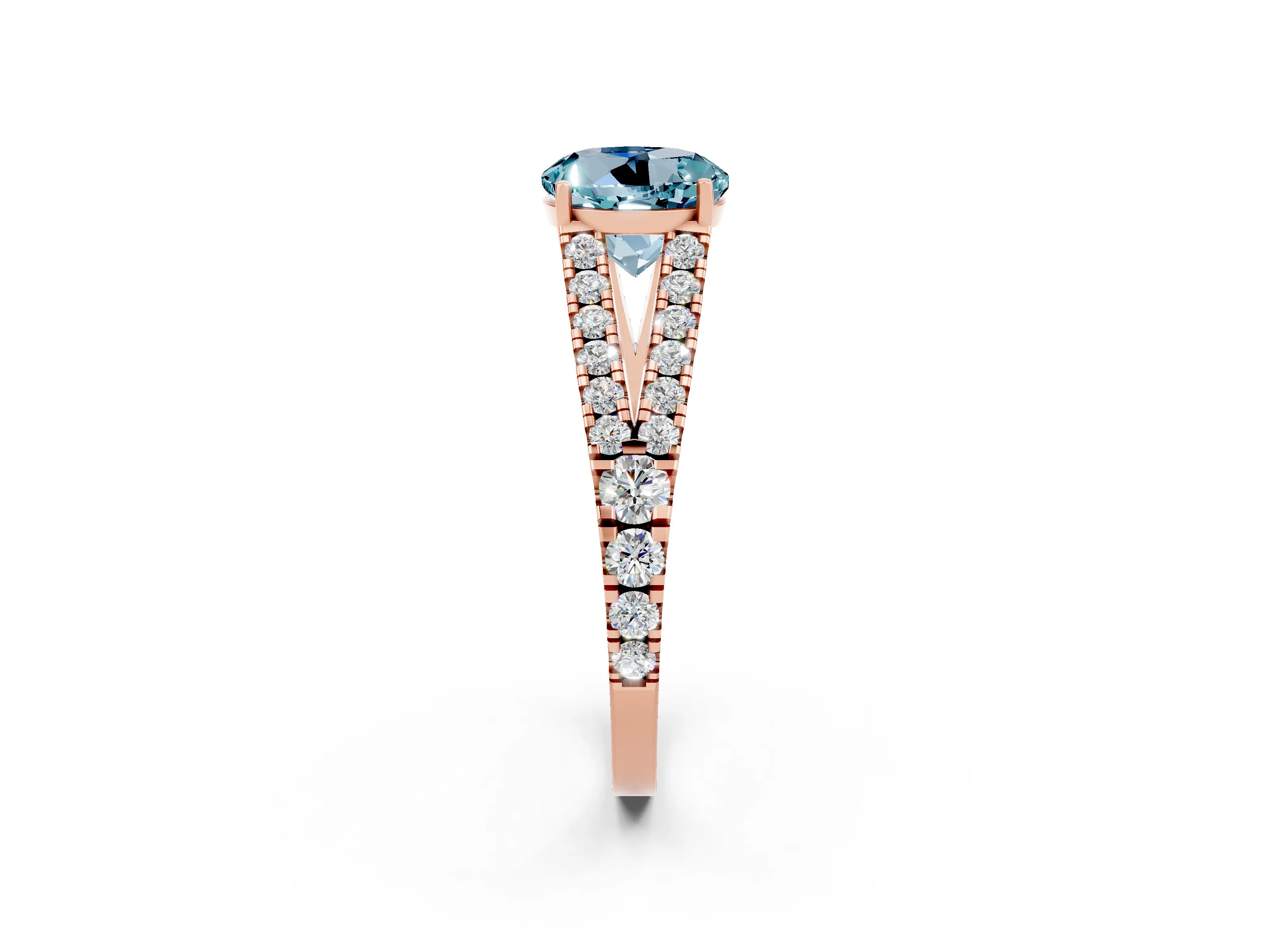 Rose gold Round Cut Aquamarine Split Shank Pavé Engagement Ring with Four-Prong Setting_14