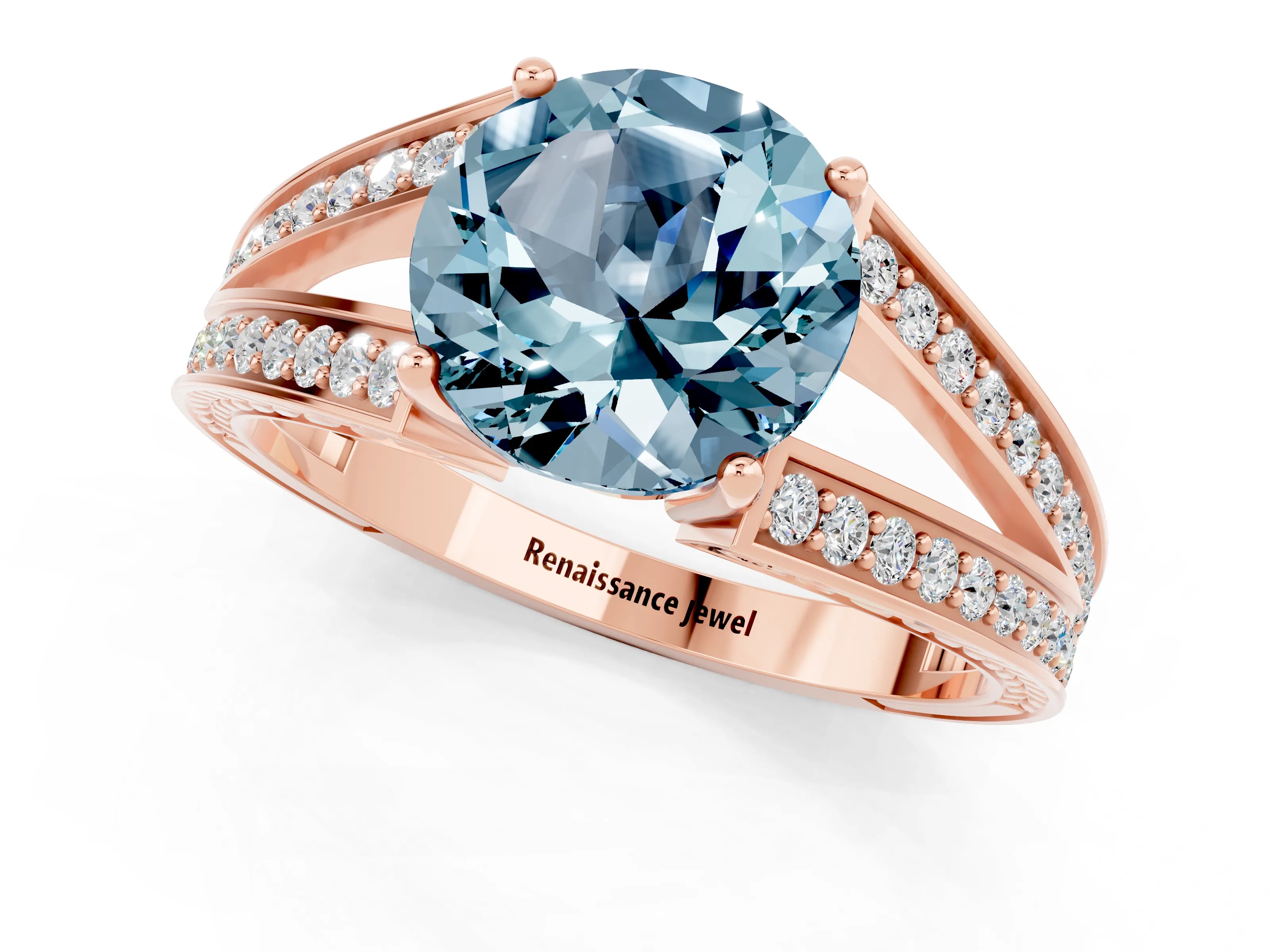 Rose gold Round Cut Aquamarine Split Shank Ring with Pavé Band and Four-Prong Setting_1