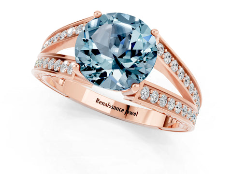 Rose gold Round Cut Aquamarine Split Shank Ring with Pavé Band and Four-Prong Setting_1