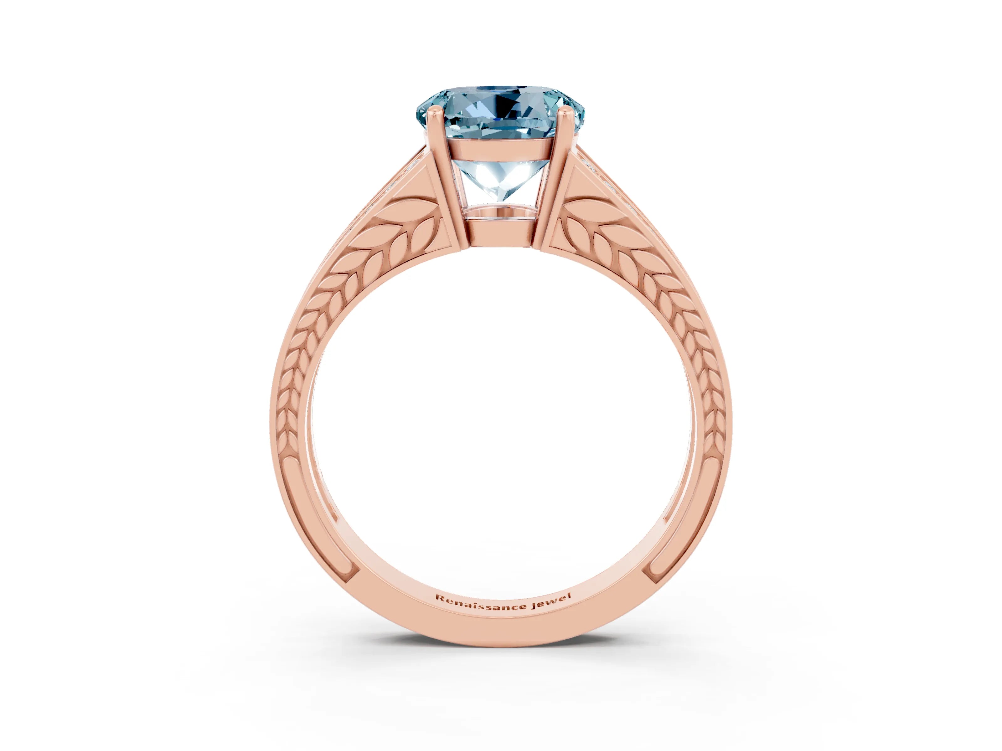 Rose gold Round Cut Aquamarine Split Shank Ring with Pavé Band and Four-Prong Setting_3