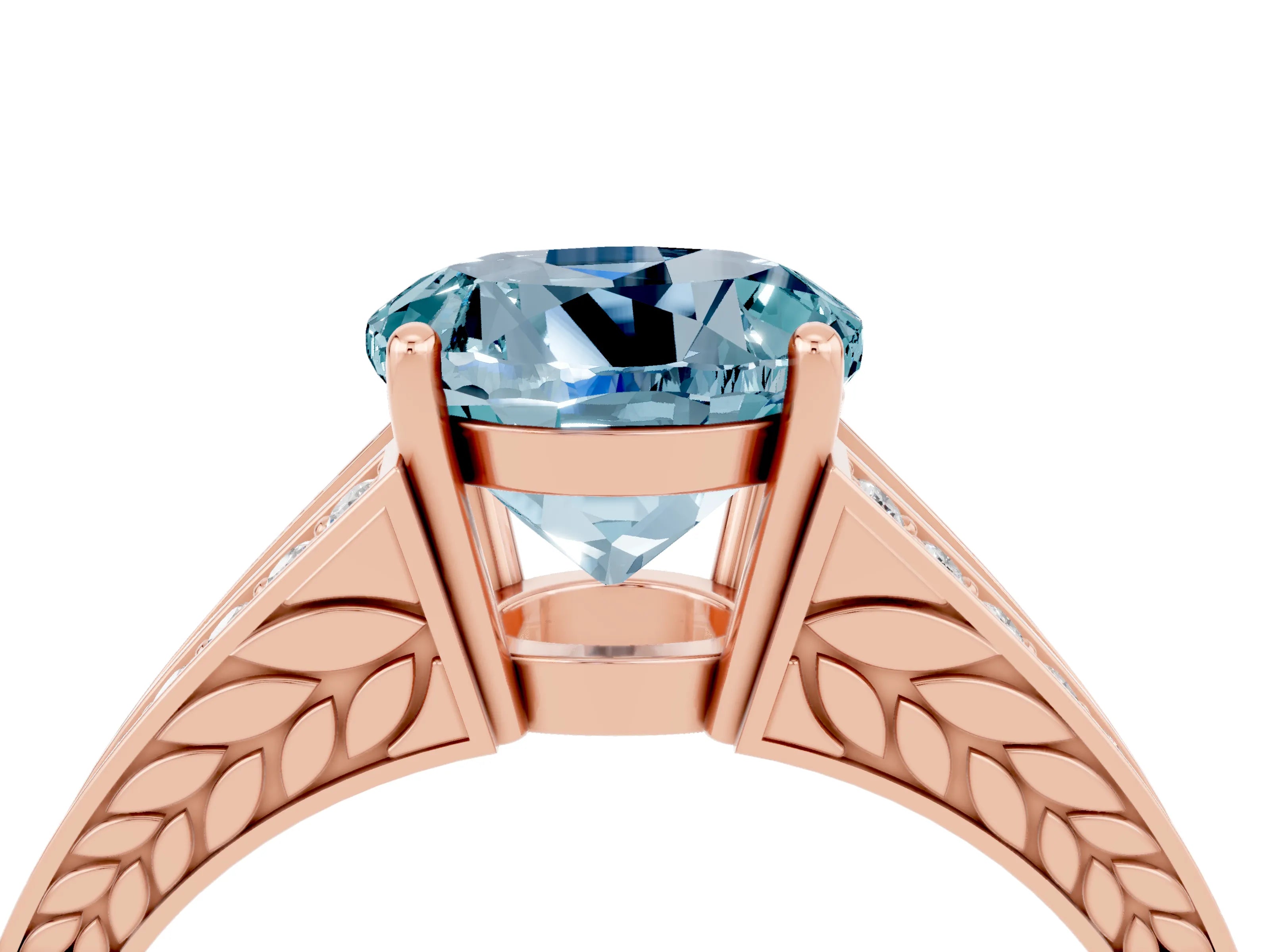 Rose gold Round Cut Aquamarine Split Shank Ring with Pavé Band and Four-Prong Setting_4