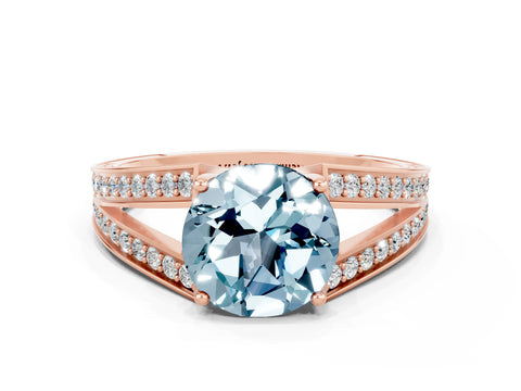Rose gold Round Cut Aquamarine Split Shank Ring with Pavé Band and Four-Prong Setting