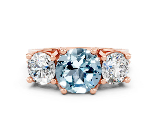 Rose gold Round Cut Aquamarine Three-Stone Ring with Channel Set Band and Four-Prong Setting