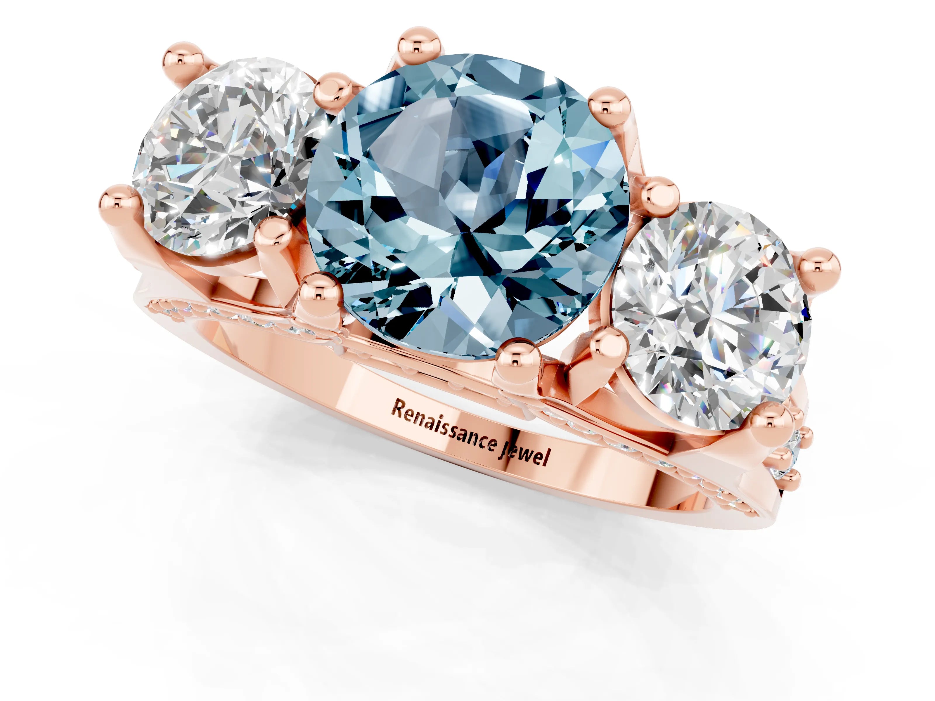 Rose gold Round Cut Aquamarine Three-Stone Ring with Channel Set Band and Four-Prong Setting_1