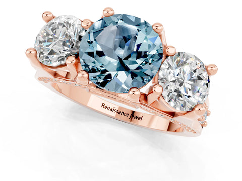 Rose gold Round Cut Aquamarine Three-Stone Ring with Channel Set Band and Four-Prong Setting_1