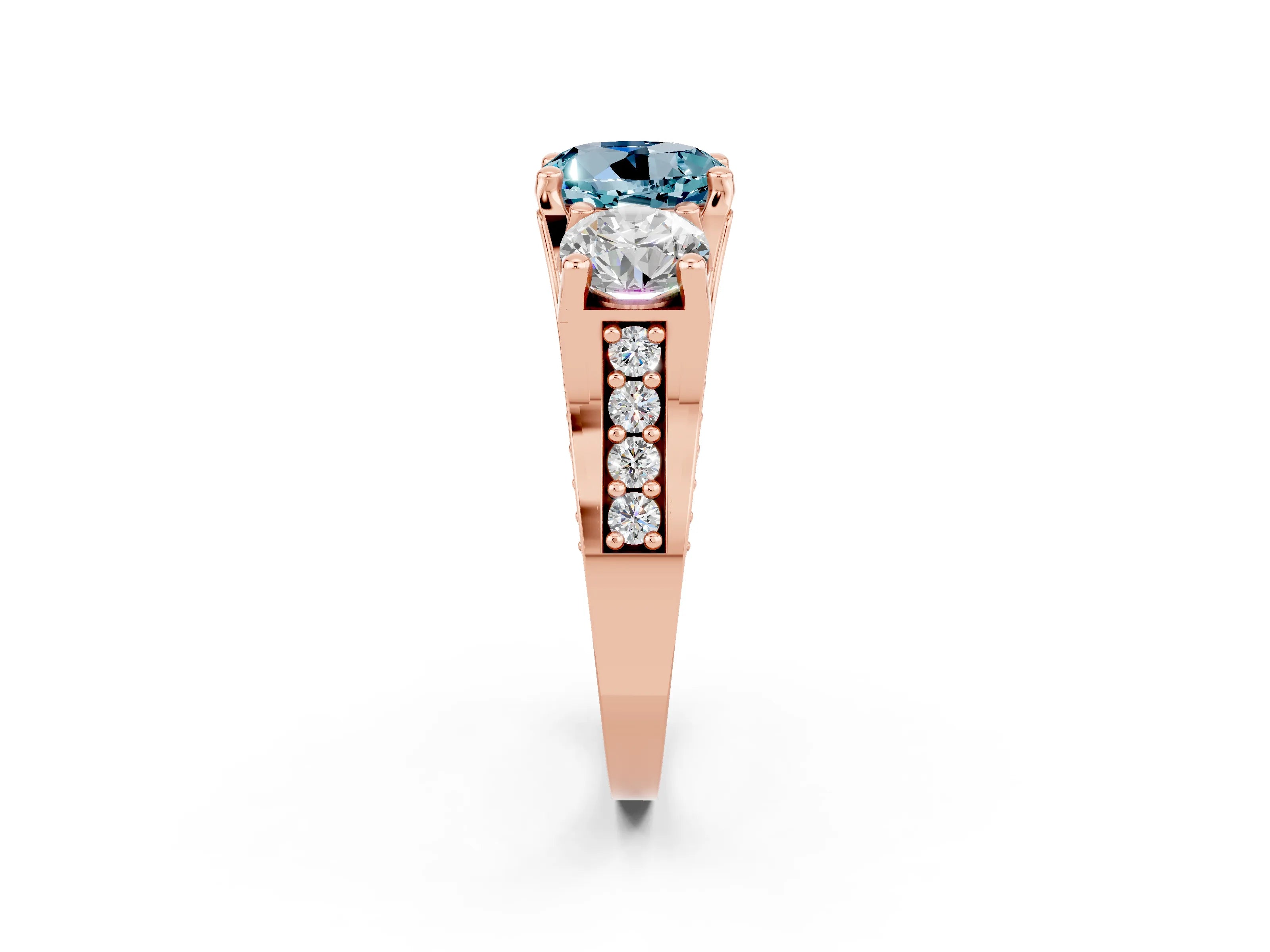 Rose gold Round Cut Aquamarine Three-Stone Ring with Channel Set Band and Four-Prong Setting_2
