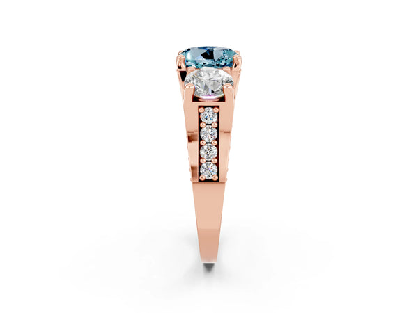 Rose gold Round Cut Aquamarine Three-Stone Ring with Channel Set Band and Four-Prong Setting