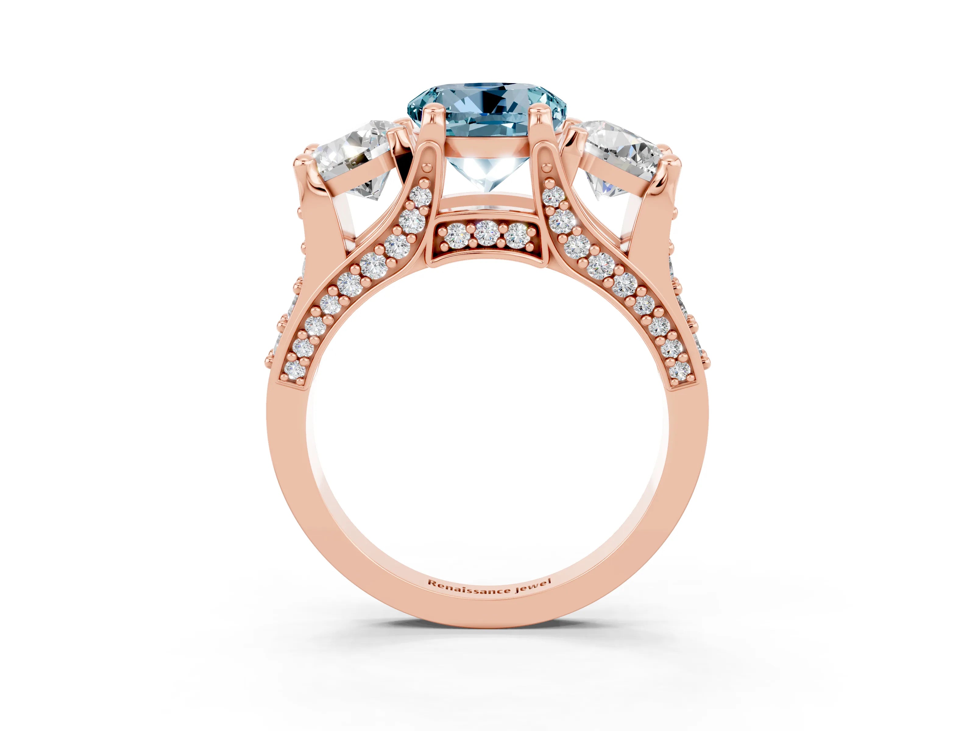 Rose gold Round Cut Aquamarine Three-Stone Ring with Channel Set Band and Four-Prong Setting_3