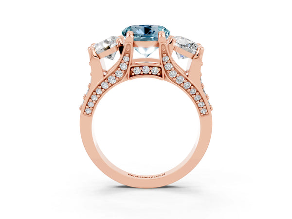 Rose gold Round Cut Aquamarine Three-Stone Ring with Channel Set Band and Four-Prong Setting