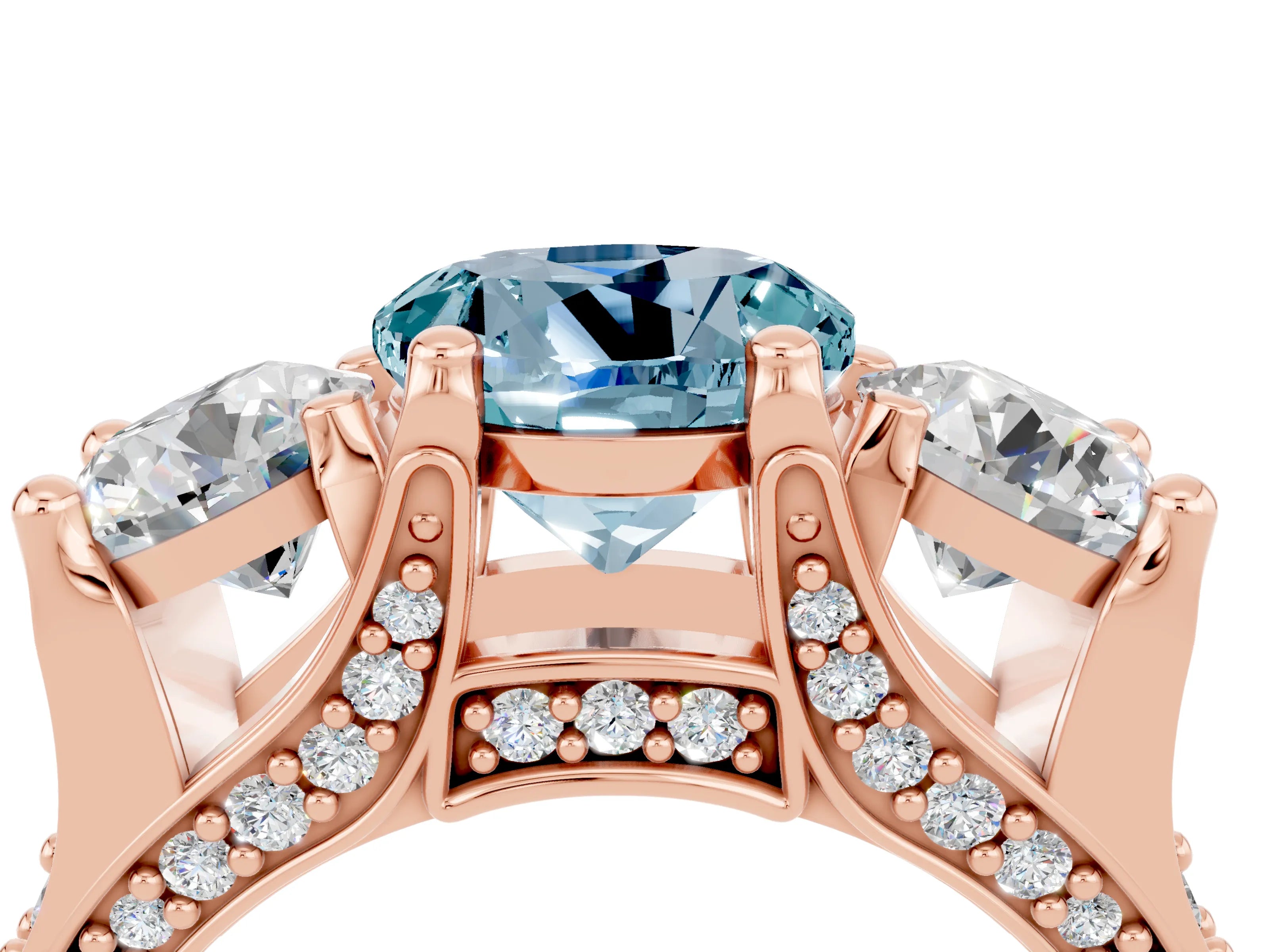 Rose gold Round Cut Aquamarine Three-Stone Ring with Channel Set Band and Four-Prong Setting_4
