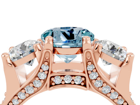 Rose gold Round Cut Aquamarine Three-Stone Ring with Channel Set Band and Four-Prong Setting_4