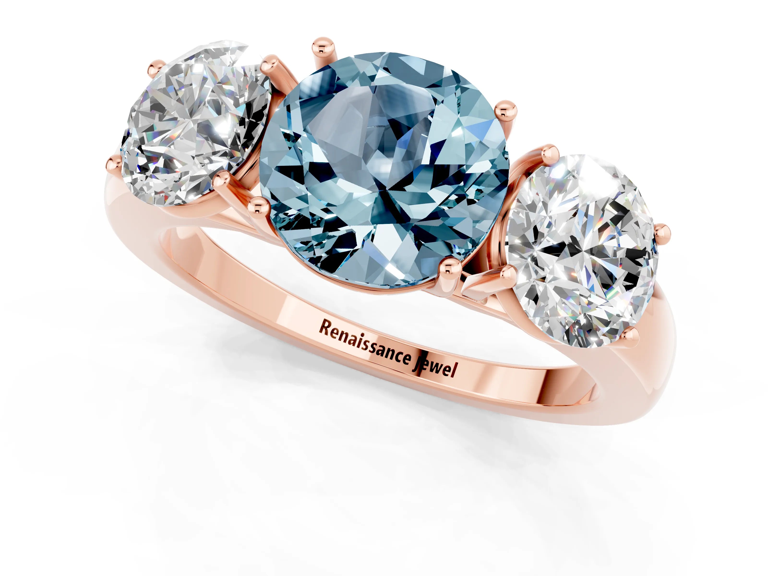 Rose gold Round Cut Aquamarine Three-Stone Ring with Four-Prong Setting and Classic Band_1