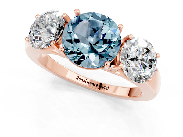 Rose gold Round Cut Aquamarine Three-Stone Ring with Four-Prong Setting and Classic Band