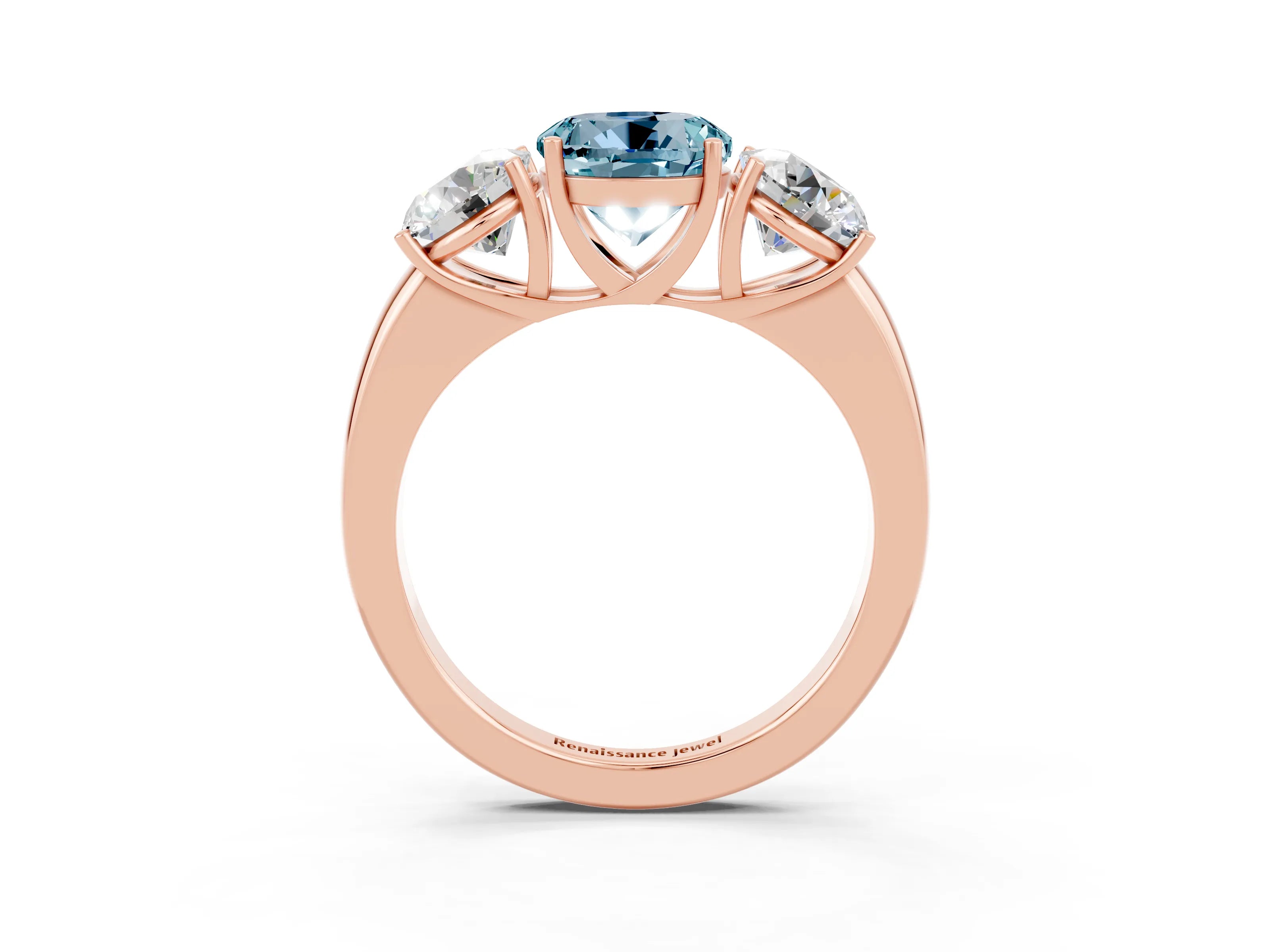 Rose gold Round Cut Aquamarine Three-Stone Ring with Four-Prong Setting and Classic Band_3