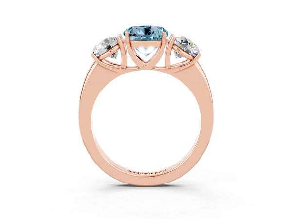 Rose gold Round Cut Aquamarine Three-Stone Ring with Four-Prong Setting and Classic Band