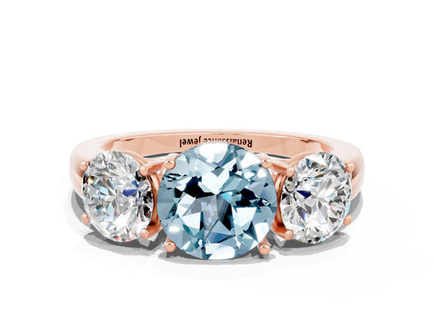 Rose gold Round Cut Aquamarine Three-Stone Ring with Four-Prong Setting and Classic Band