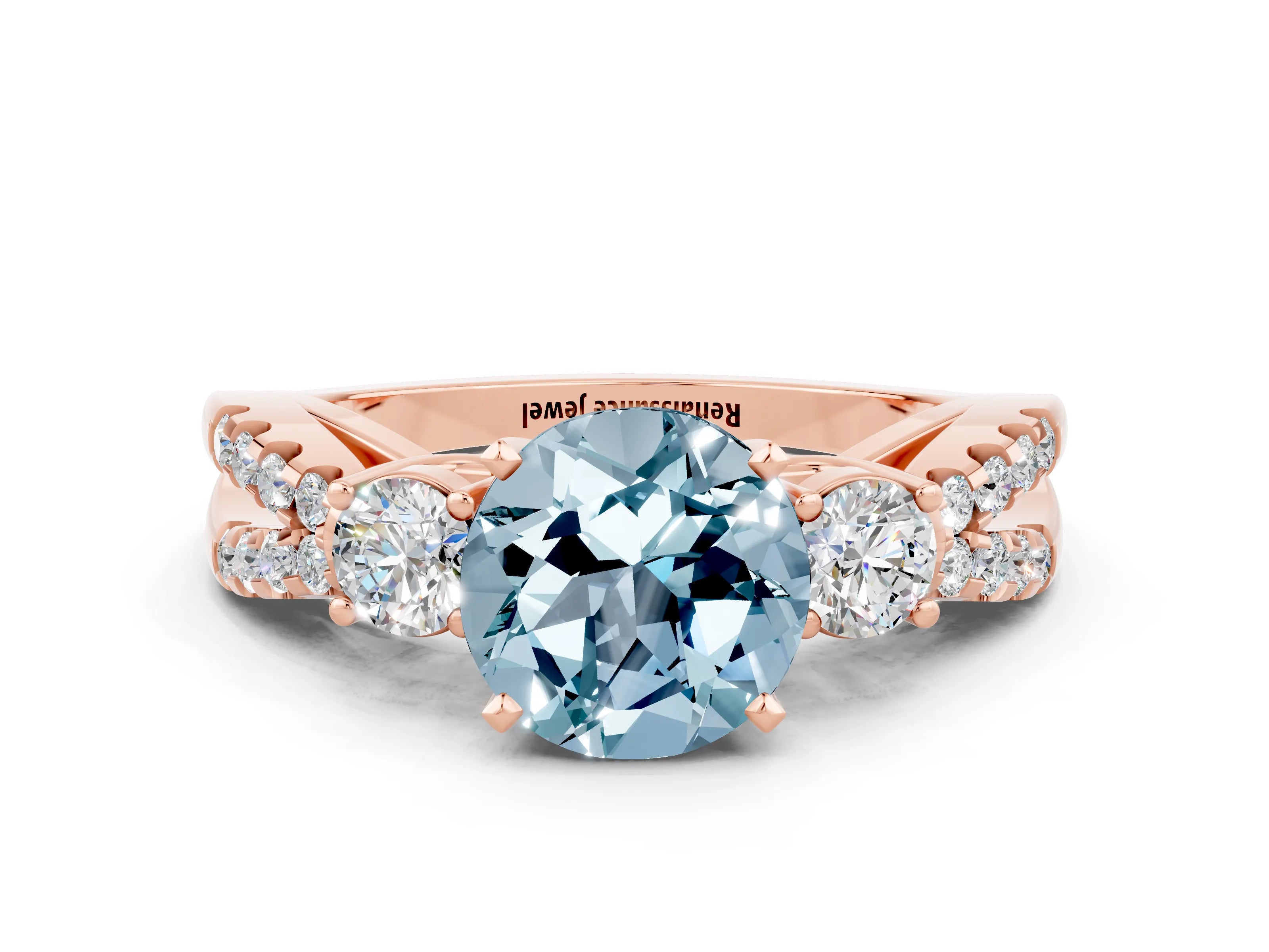 Rose gold Round Cut Aquamarine Three-Stone Ring with Pavé Split Shank and Four-Prong Setting