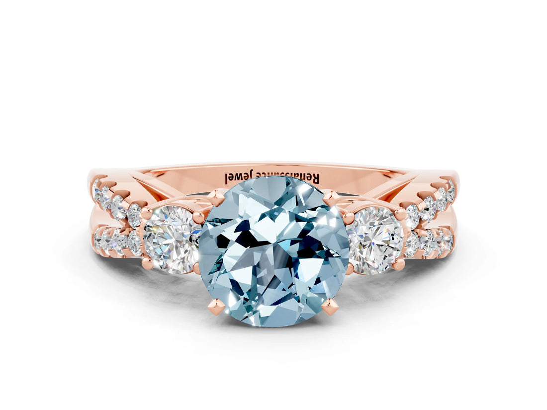 Rose gold Round Cut Aquamarine Three-Stone Ring with Pavé Split Shank and Four-Prong Setting