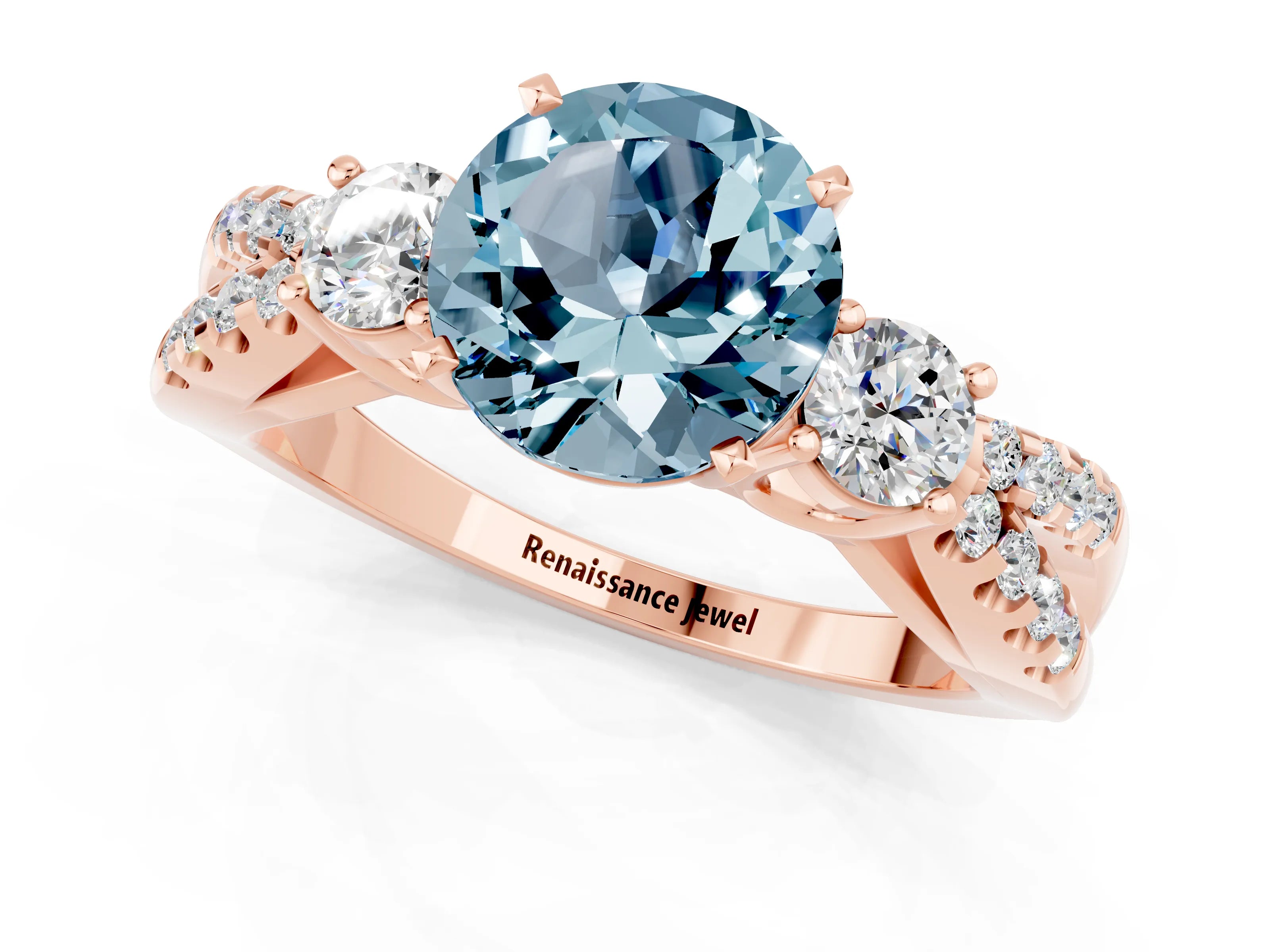 Rose gold Round Cut Aquamarine Three-Stone Ring with Pavé Split Shank and Four-Prong Setting_1