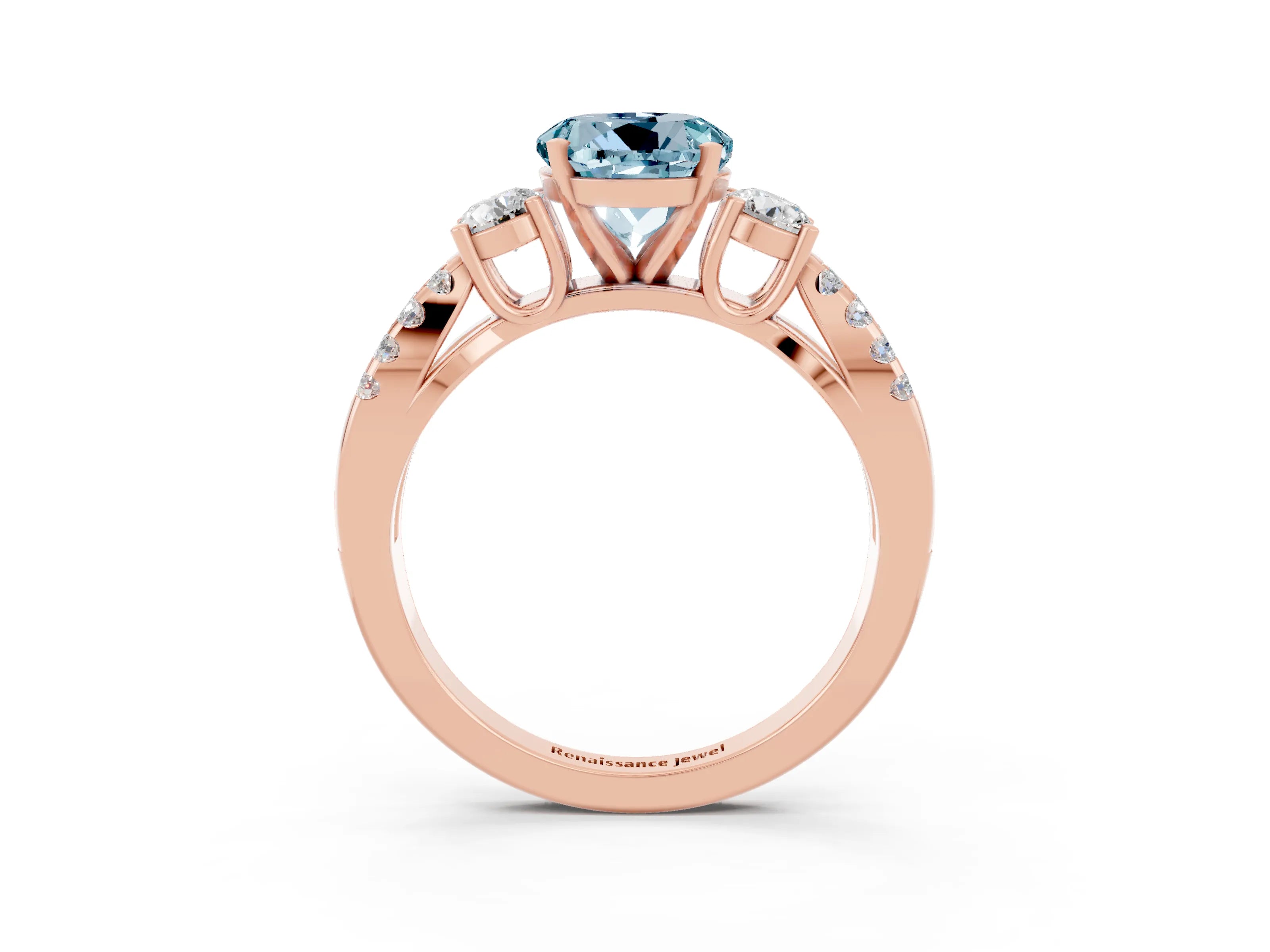 Rose gold Round Cut Aquamarine Three-Stone Ring with Pavé Split Shank and Four-Prong Setting_3